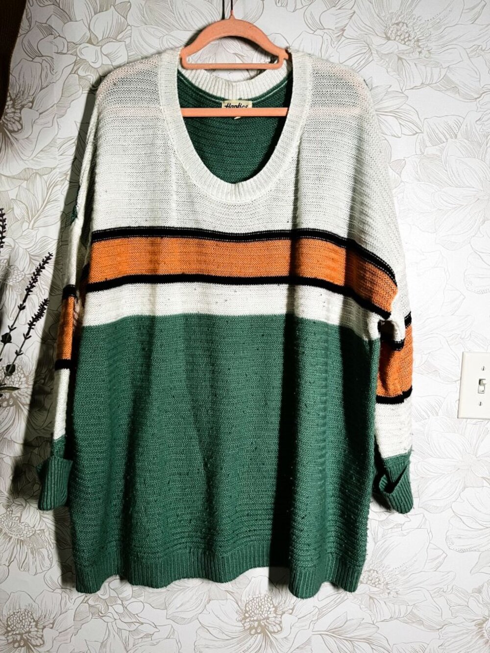 Colorblock Knit Sweater By Haptics Oversized 1X Green Orange White Acrylic Long